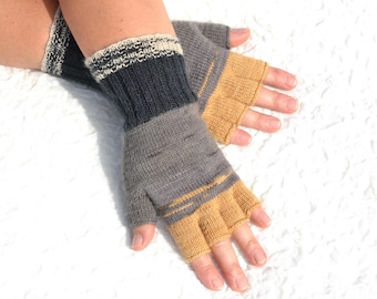 Patterned hand knitted half finger gloves made of black, grey, light brown wool & acrylic yarn, handmade open finger gloves, tipless gloves