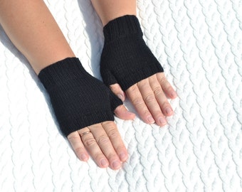 Hand knitted black merino wool fingerless gloves, handmade soft wrist warmers, small glovelettes for cold women's hands, black small gloves