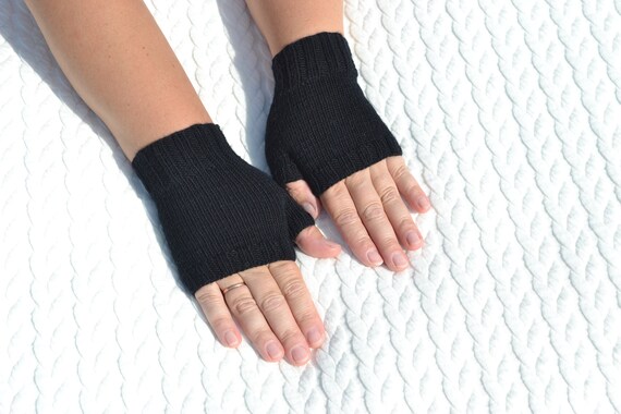 Hand Knitted Black Merino Wool Fingerless Gloves, Handmade Soft