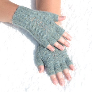 Alpaca wool half finger gloves, hand knitted women's gloves, handmade alpaca gloves, cable knit half finger gloves, aqua grey gloves image 2