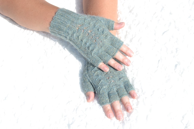 Alpaca wool half finger gloves, hand knitted women's gloves, handmade alpaca gloves, cable knit half finger gloves, aqua grey gloves image 2