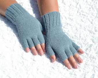 Alpaca half finger gloves, hand knitted alpaca wool gloves, knit arm warmers, pure alpaca gloves, handmade teal gloves, open finger gloves