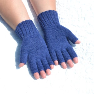 Navy blue hand knitted 100% alpaca tipless half finger gloves