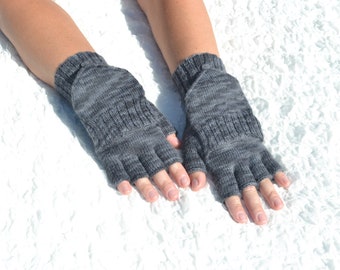 Dark gray convertible gloves, handmade convertible mittens, hand knitted woolen flip top mittens, gray glomitts, winter gloves,men's mittens