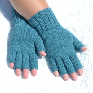 Sea blue hand knitted 100% alpaca wool open finger tipless texting gloves for cold hands in medium size