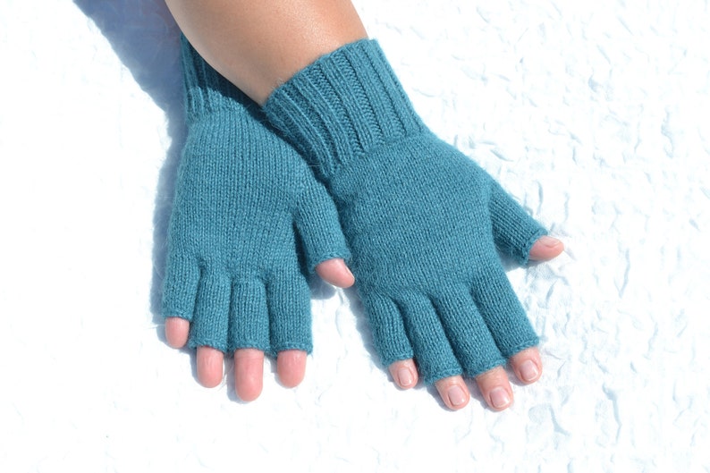 Sea blue hand knitted 100% alpaca wool open finger tipless texting gloves for cold hands in medium size