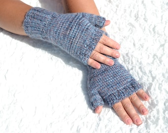 Blue fingerless gloves, hand knitted gloves, knit wool blend gloves, handmade wrist warmers, autumn or winter open fingers gloves for women
