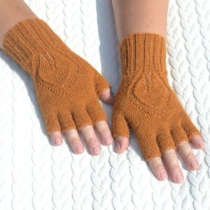 Ocher alpaca half finger gloves, hand knitted open finger gloves for cold hands, finger tipless gloves, typing gloves, knit wrist warmers