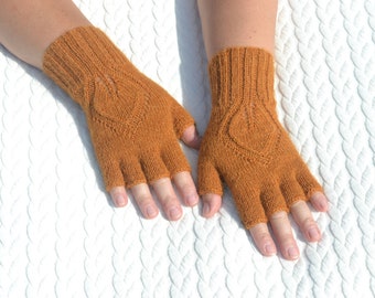 Ocher alpaca half finger gloves, hand knitted open finger gloves for cold hands, finger tipless gloves, typing gloves, knit wrist warmers