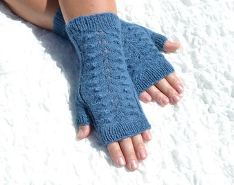 Blue alpaca wool fingerless gloves, hand knitted fingerless gloves, blue open finger gloves, handmade cable knit arm warmers, small gloves