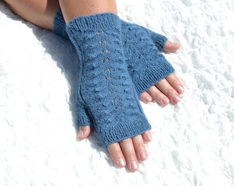 Blue alpaca wool fingerless gloves, hand knitted fingerless gloves, blue open finger gloves, handmade cable knit arm warmers, small gloves