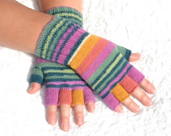 Patterned multicolor wool blend half finger gloves in small medium size, open finger rainbow gloves, hand knitted finger tipless gloves