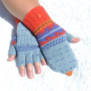 Blue, red and orange convertible mitten gloves