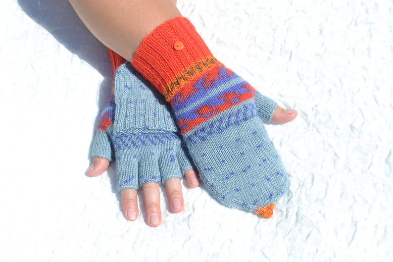 Blue, red and orange convertible mitten gloves