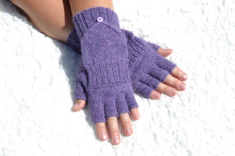 Purple handmade alpaca yarn convertible mittens