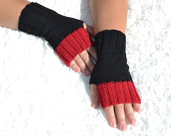 Zwarte en rode vingerloze handschoenen, handgebreide wollen handschoenen, handgemaakte armenwarmers voor vrouwen, gebreide polswarmers, open vingerhandschoenen