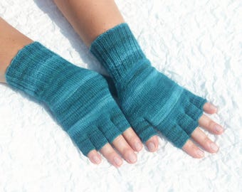 Emerald green half finger gloves, hand knitted open finger gloves, bluish green finger tipless gloves, handmade gloves for women,wool gloves