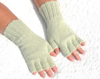 Pistachio green pure alpaca half finger gloves, hand knitted 100 % alpaca gloves, open finger gloves for women in small, medium, large sizes