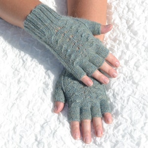 Alpaca wool half finger gloves, hand knitted women's gloves, handmade alpaca gloves, cable knit half finger gloves, aqua grey gloves image 6