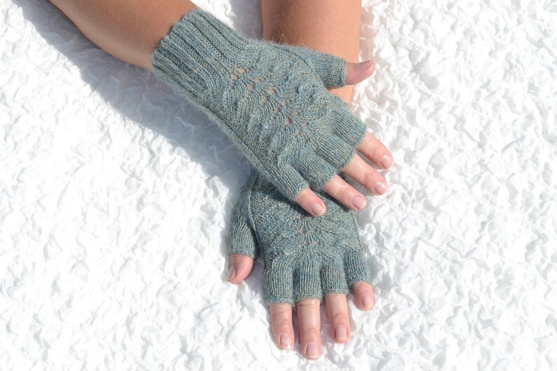 Alpaca wool half finger gloves, hand knitted women's gloves, handmade alpaca gloves, cable knit half finger gloves, aqua grey gloves image 6