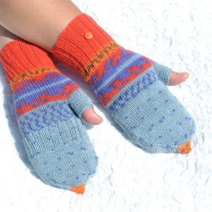 Blue, red and orange convertible mitten gloves