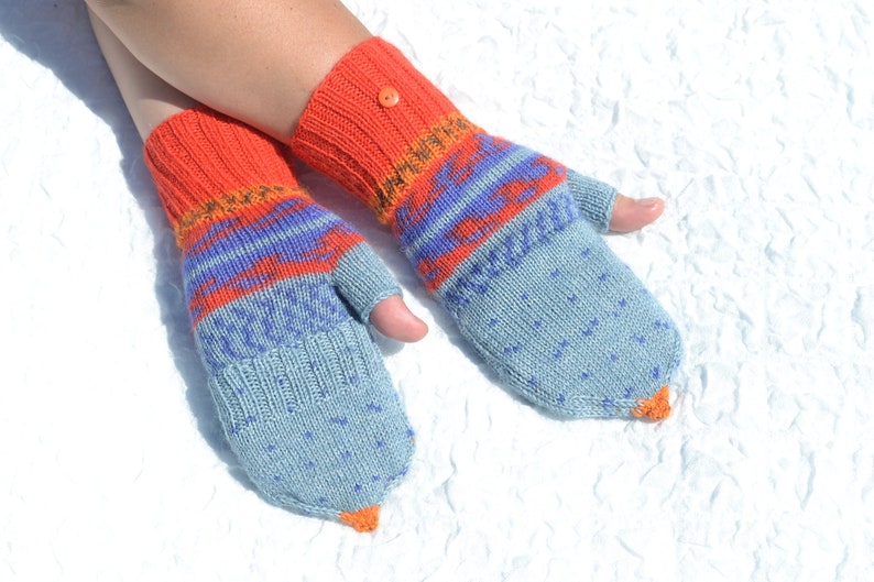 Blue, red and orange convertible mitten gloves