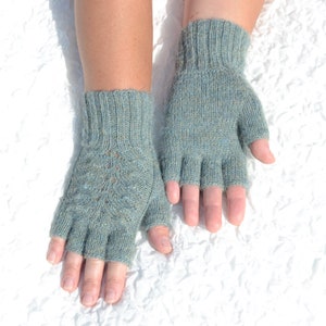 Alpaca wool half finger gloves, hand knitted women's gloves, handmade alpaca gloves, cable knit half finger gloves, aqua grey gloves image 3