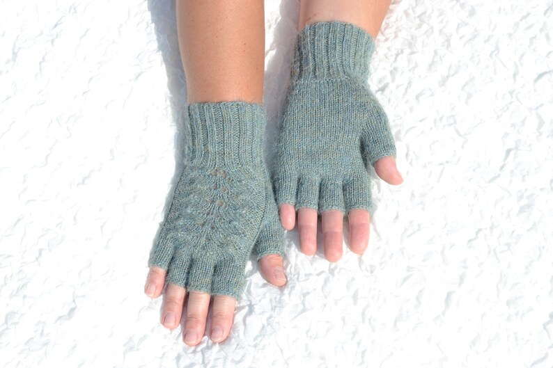 Alpaca wool half finger gloves, hand knitted women's gloves, handmade alpaca gloves, cable knit half finger gloves, aqua grey gloves image 3