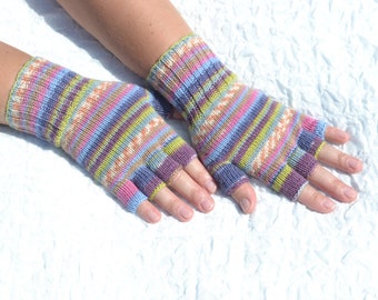 Colorful merino wool half finger gloves, hand knitted open finger gloves for small/medium size hands, striped tipless gloves for women