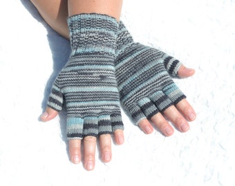 Grey, black and blue striped half finger gloves, hand knitted woolen gloves, dark open finger gloves, wrist and hand warmers, winter gloves