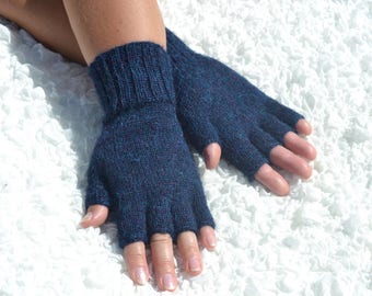 Dark blue alpaca half finger gloves, hand knitted alpaca gloves, open finger blue gloves, alpaca wool gloves, winter / fall gloves
