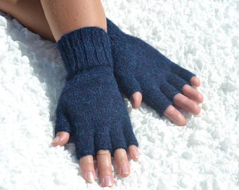 Dunkelblaue Alpaka HalbfingerHandschuhe, hand gestrickte Alpaka Handschuhe, offene Fingerblaue Handschuhe, Alpaka Wolle Handschuhe, Winter/ Herbst Handschuhe