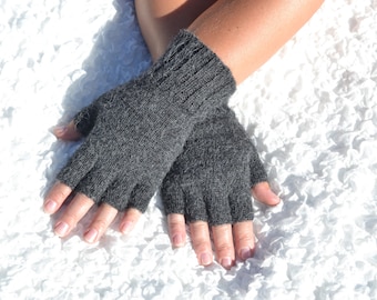 Charcoal alpaca half finger gloves, hand knitted grey gloves, alpaca wool open finger gloves, gray half finger gloves, charcoal women gloves