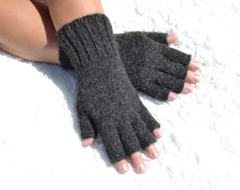 Black/charcoal alpaca half finger gloves, hand knitted black gloves, alpaca wool open finger gloves, black tipless gloves, unisex gloves