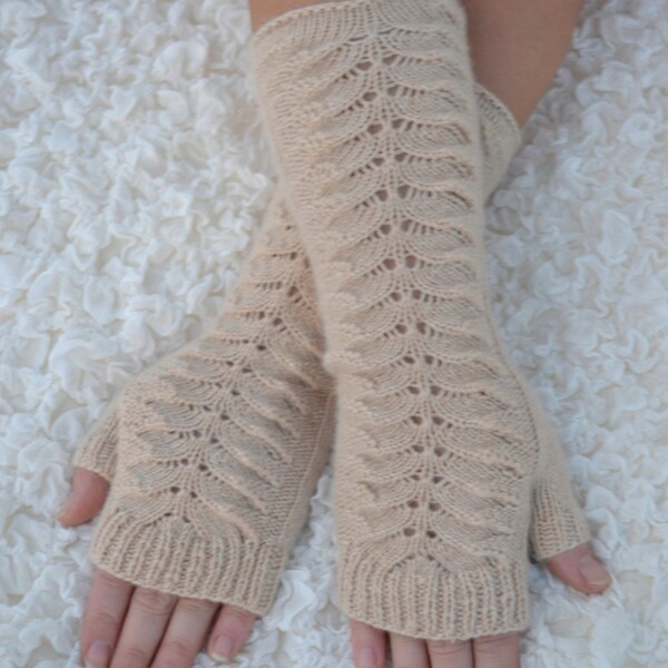 Cashmere Fingerlose Handschuhe, sehr weiche Hand gestrickte lange helle Braun Fingerlose Damen Handschuhe, Armstulpen Kaschmir, Strick Handschuhe
