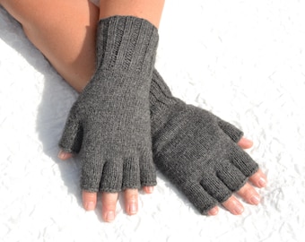Dark grey half finger gloves hand knitted of pure yak wool, open finger gloves in medium size , handmade winter knitwear, unisex gloves