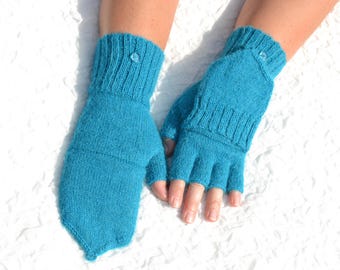 Dark turquoise half finger convertible gloves, mittens hand knitted of pure 100% alpaca , fingerless gloves with cover, flip top glomitts