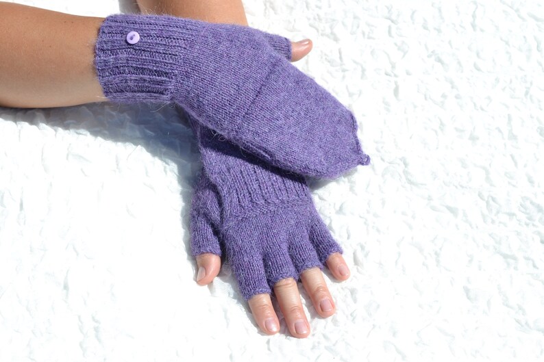 Purple handmade alpaca yarn convertible mittens