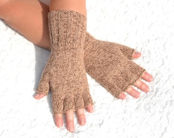 Light and dark brown pure 100 % alpaca half finger gloves, hand knitted unisex gloves with open fingers in medium large size