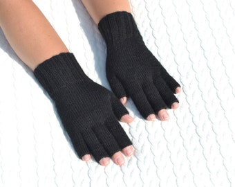 Black finger tipless gloves, hand knitted gloves from alpaca, polyamide and wool yarn, handmade winter open finger gloves for cold hands