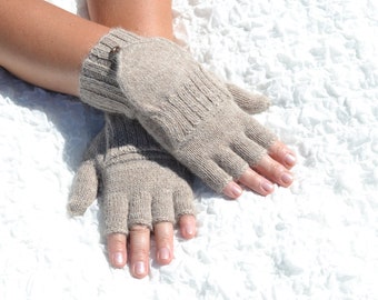 Beige convertible mittens, hand knitted convertible gloves, flip top mittens with closed thumbs, half finger mittens,handmade alpaca mittens