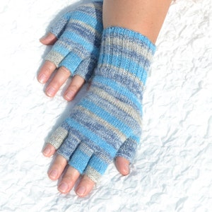 Hand knitted blue and grey half finger gloves, handmade woolen gloves with open fingers, typing gloves for cold hands, fingerless gloves image 3