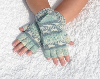 Hand knitted patterned half finger gloves convertible to mittens, woolen flip top mittens, handmade convertible gloves, light green glomitts