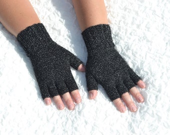 Black & white half finger hand knitted gloves, wrist warmers in small / medium size, acrylic autumn, spring, winter open finger gloves