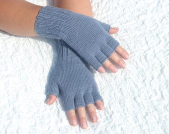 Denim blue pure eco wool half finger gloves, hand knitted gloves, handmade open finger gloves, blue wool touchscreen gloves, tipless gloves
