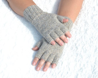 Graue, beige, off-white Halbfingerhandschuhe, handgestrickte Alpaka Wolle offene Fingerhandschuhe, handgemachte Alpaka Pulswärmer, Strickhandschuhe für Frauen