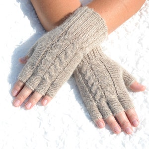 Alpaca half finger gloves, hand knitted gloves,handmade gloves, knitted winter gloves,hand knit women's arm warmers, cable knit beige gloves