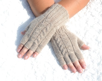 Alpaca half finger gloves, hand knitted gloves,handmade gloves, knitted winter gloves,hand knit women's arm warmers, cable knit beige gloves