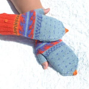 Blue, red and orange convertible mitten gloves