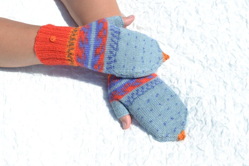 Blue, red and orange convertible mitten gloves